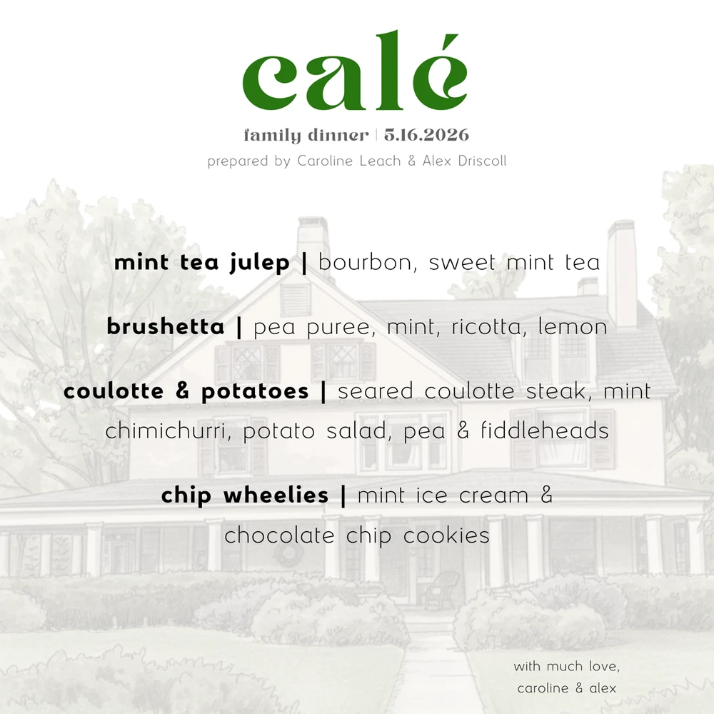 the calé family dinner menu card
